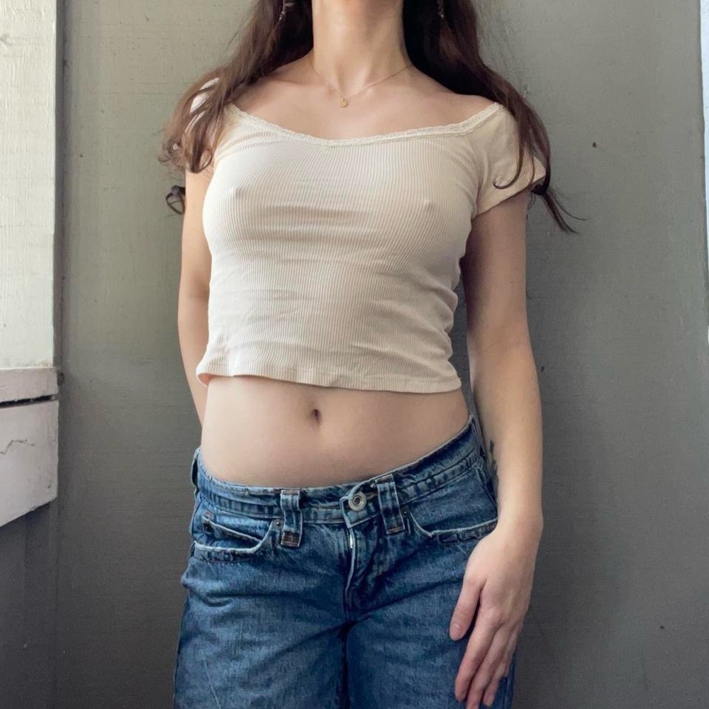 Brandy Melville Cream Baby Tee with Lace Neckline